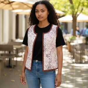 J.‎ Peterman Women Vest Quilted Floral Print Orange Black Embroidered Trim XS
